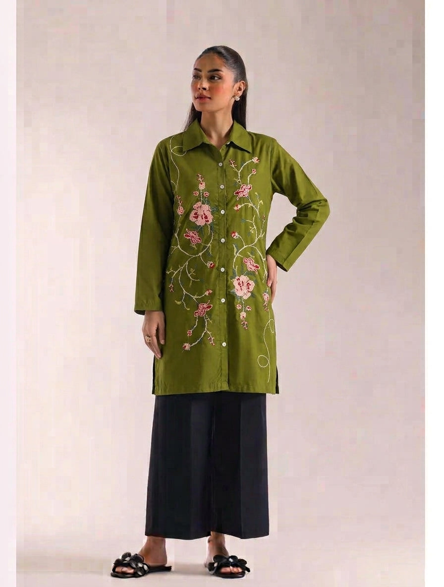 Olive Meadow Bloom Embroidered Kurti