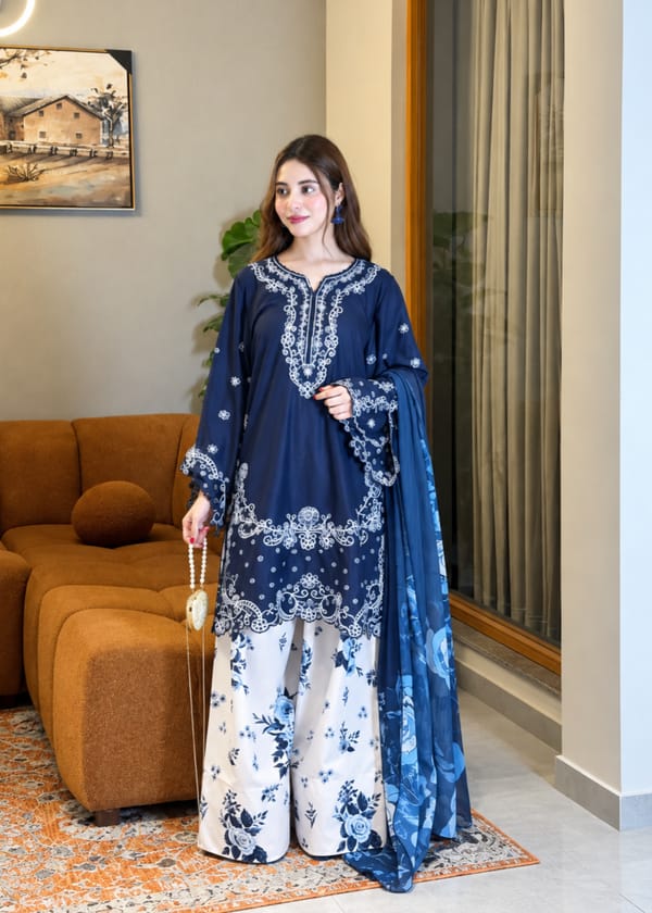 Sapphire Bloom 3Pcs With Farshi Shalwar
