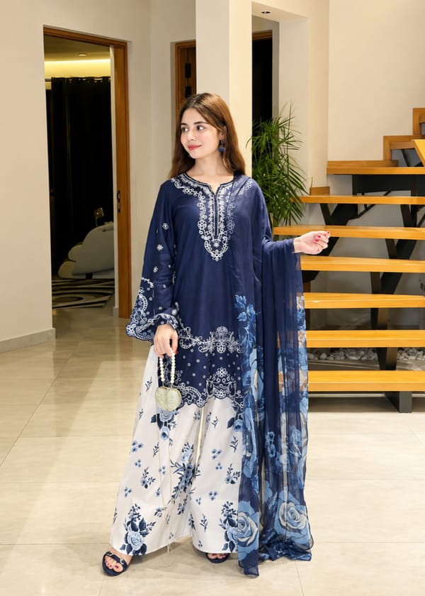 Sapphire Bloom 3Pcs With Farshi Shalwar
