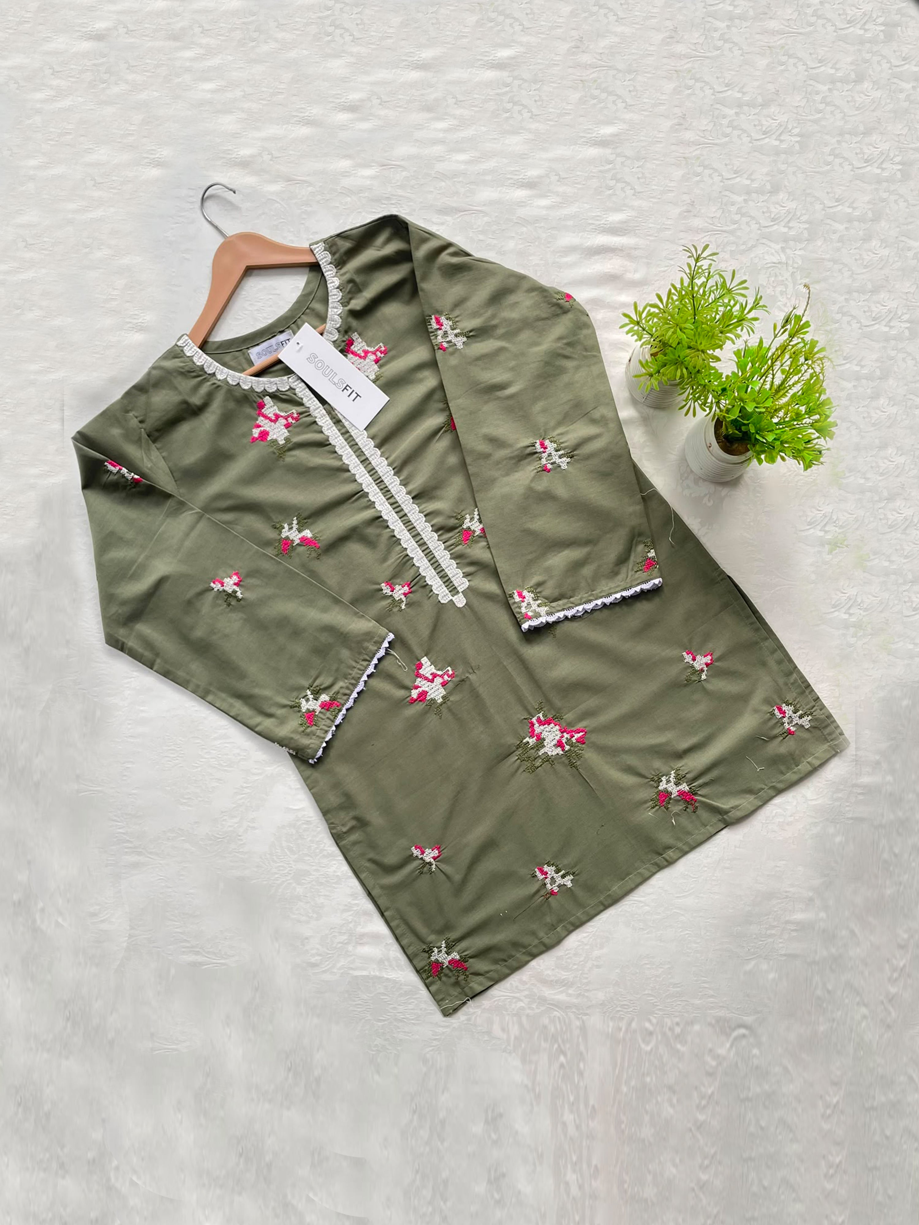 Olive Blossom Summer Cotton Embroiderd Kurti