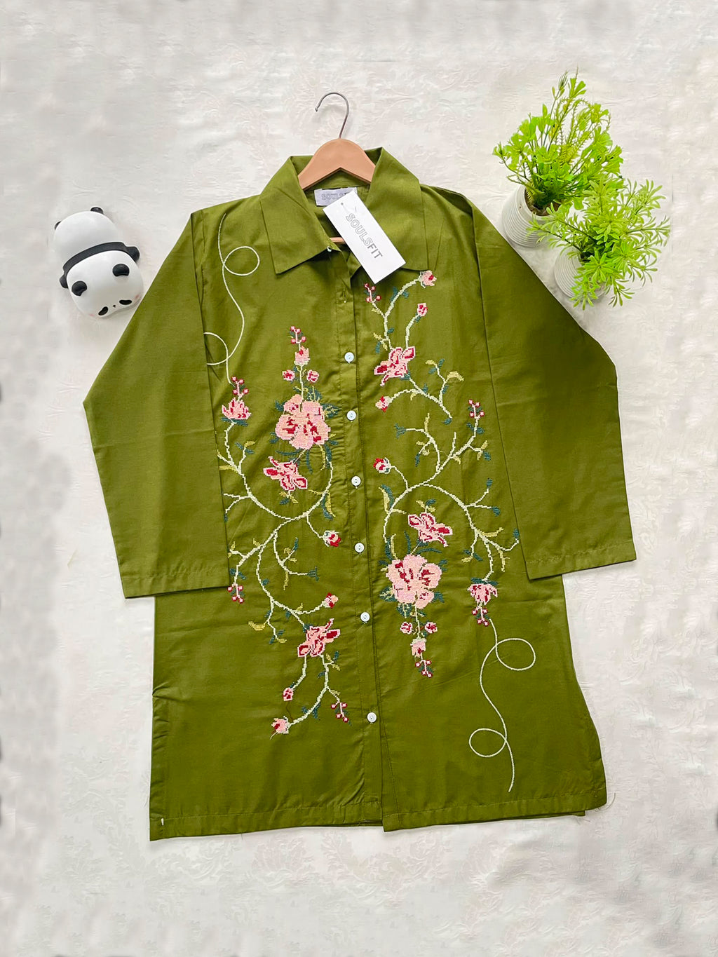Olive Meadow Bloom Summer Cotton Embroidered Kurti